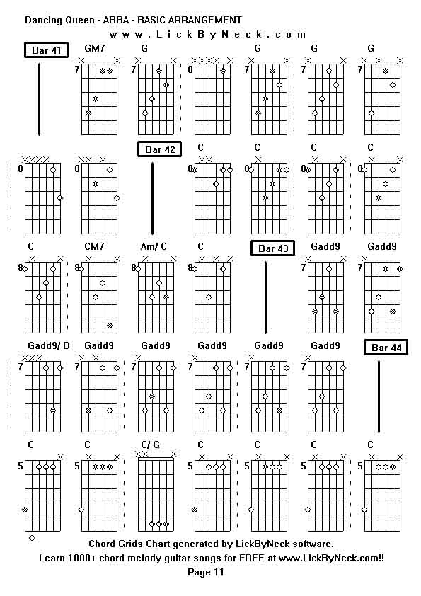 Chord Grids Chart of chord melody fingerstyle guitar song-Dancing Queen - ABBA - BASIC ARRANGEMENT,generated by LickByNeck software.